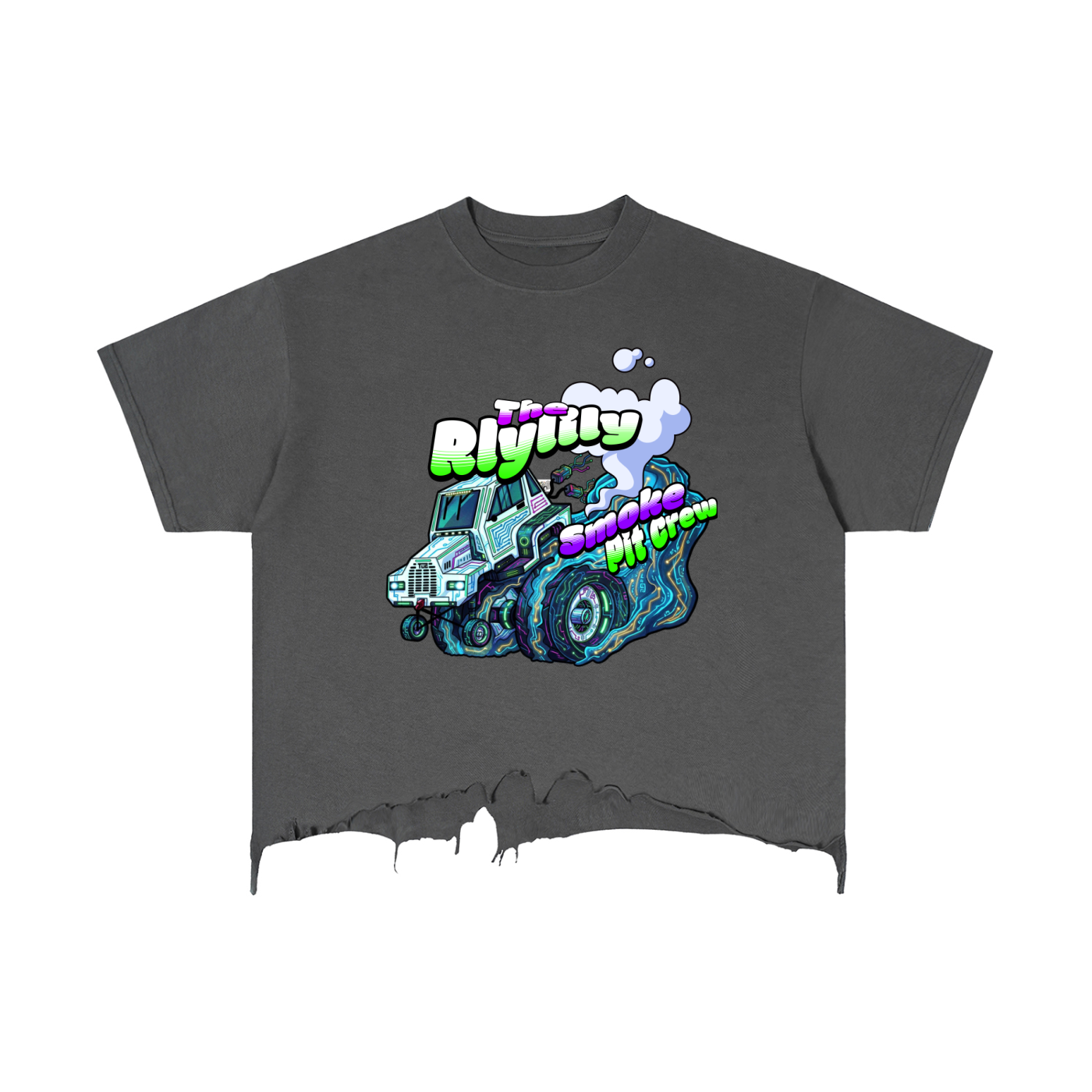 "RLYLILY Smoke. Pit Crew" Vintage Wash Boxy Distressed Hem T-Shirt