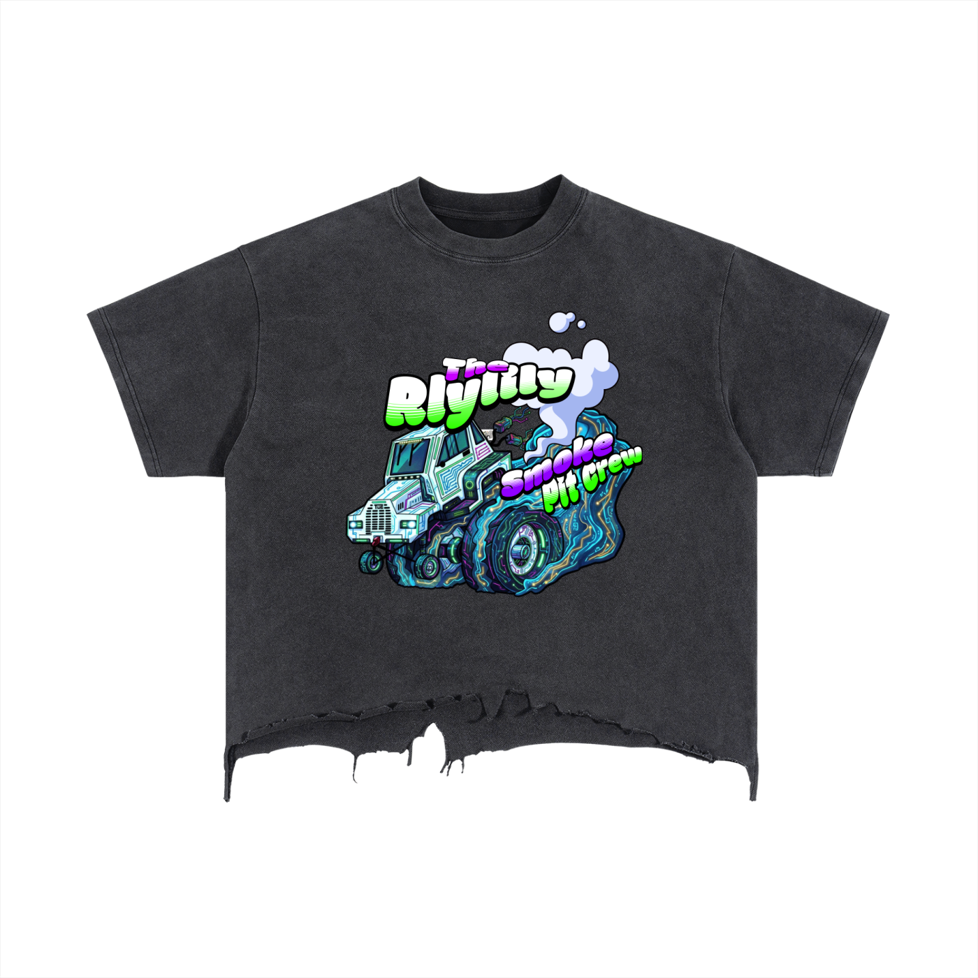 "RLYLILY Smoke. Pit Crew" Vintage Wash Boxy Distressed Hem T-Shirt