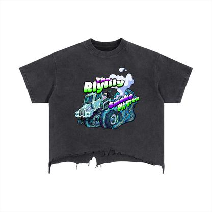"RLYLILY Smoke. Pit Crew" Vintage Wash Boxy Distressed Hem T-Shirt