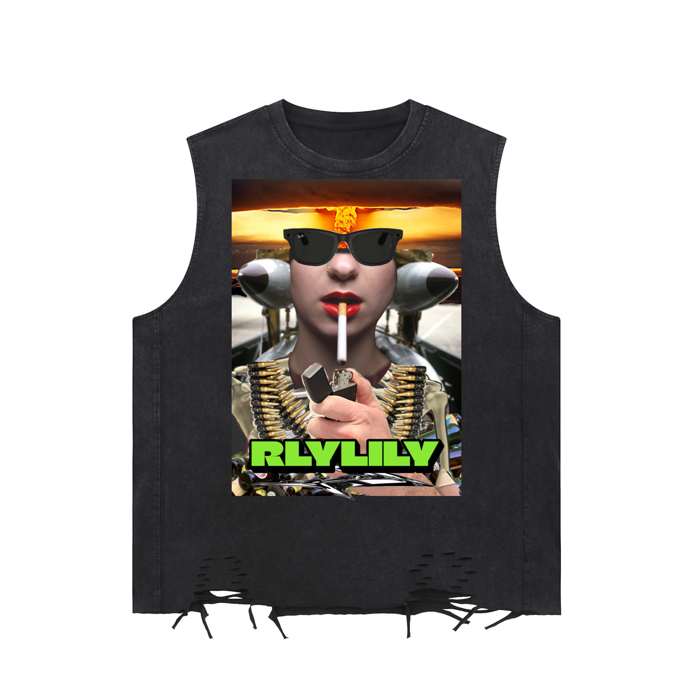"Can I Get A Light?" Snow Washed Raw-Hem Tank Top